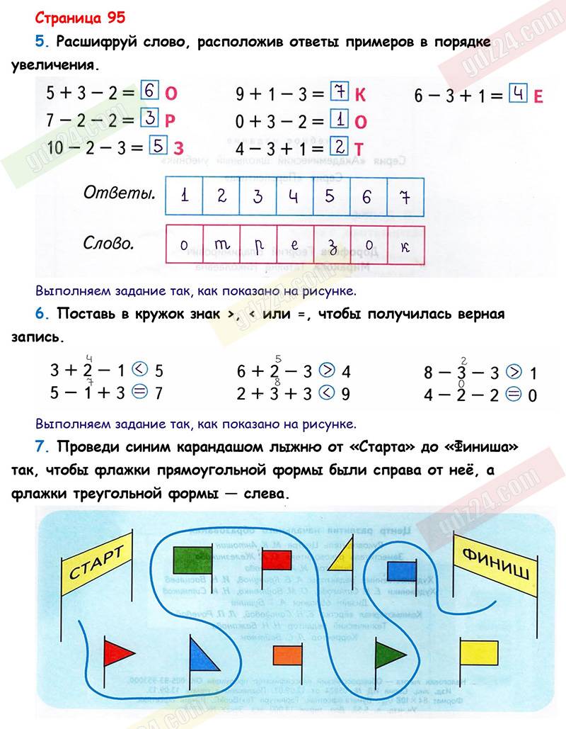 Ответы к заданиям на 95 странице рабочей тетради по математике Дорофеев,  Миракова, Бука за 1 класс 1 часть