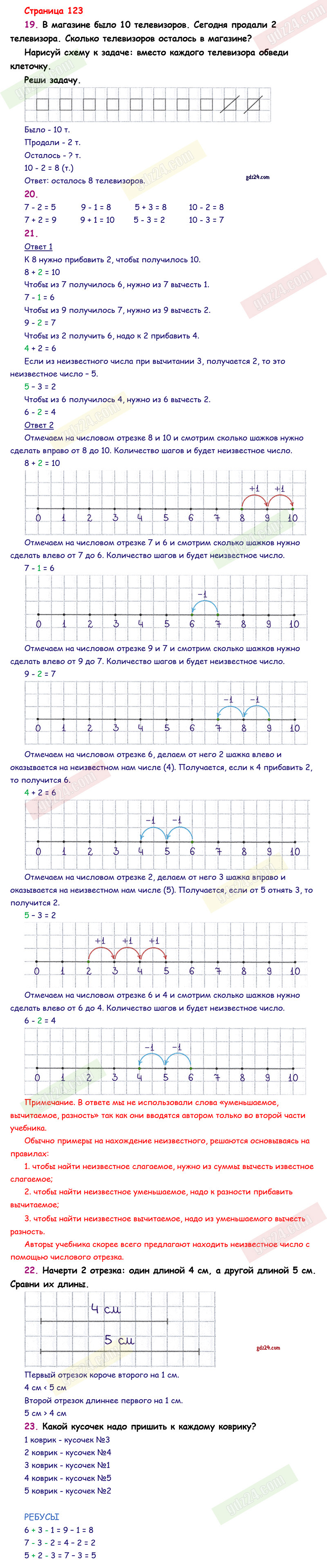 Ответы к заданиям на 123 странице учебника по математике Моро, Волкова,  Степанова за 1 класс 1 часть