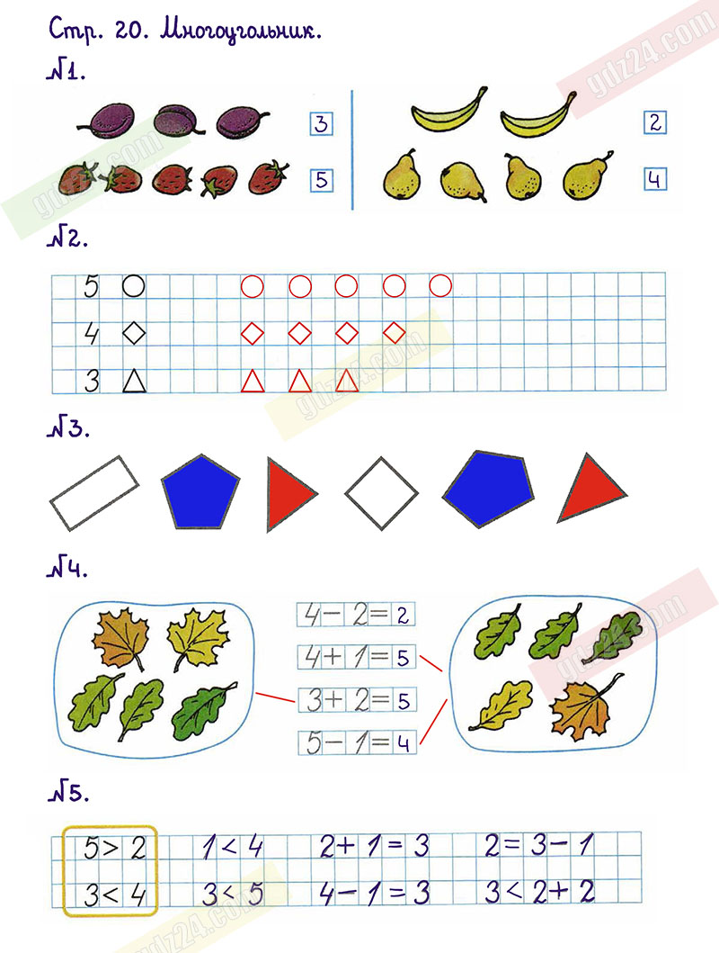Ответы к заданиям на 20 странице рабочей тетради по математике Моро, Волкова  за 1 класс 1 часть