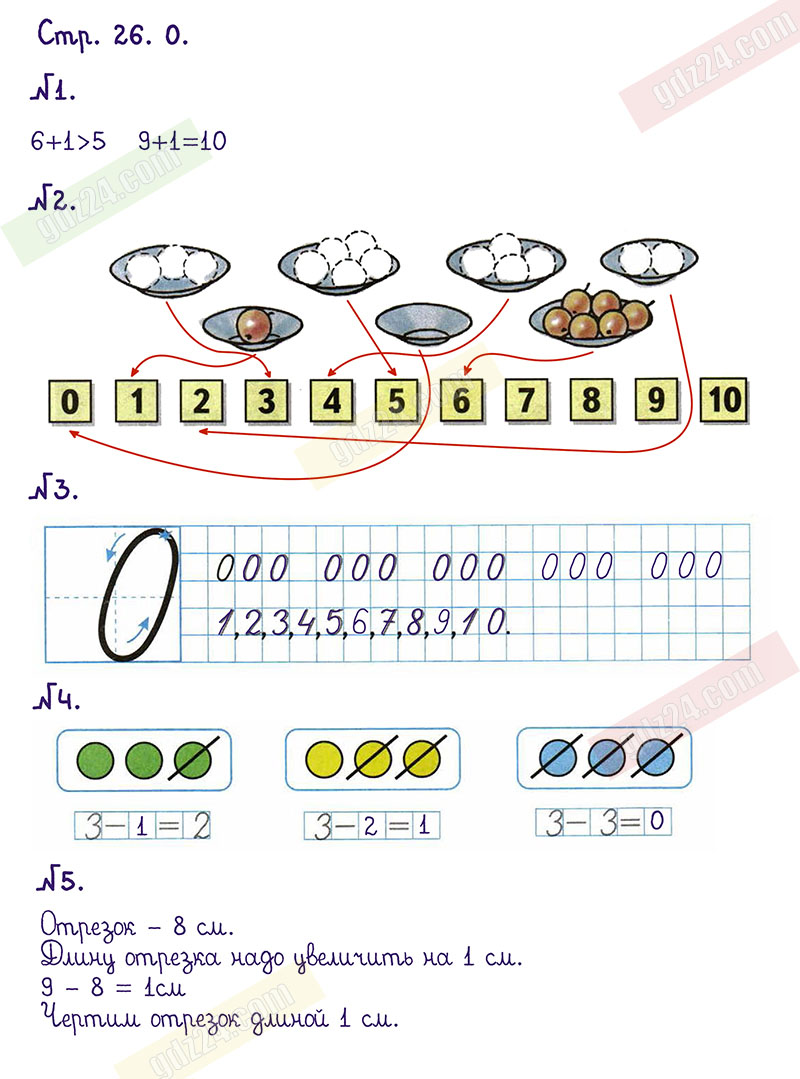Ответы к заданиям на 26 странице рабочей тетради по математике Моро,  Волкова за 1 класс 1 часть