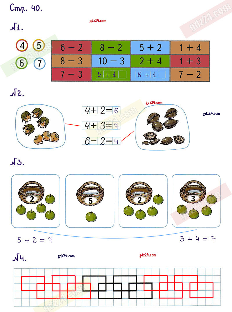 Ответы к заданиям на 40 странице рабочей тетради по математике Моро, Волкова  за 1 класс 1 часть