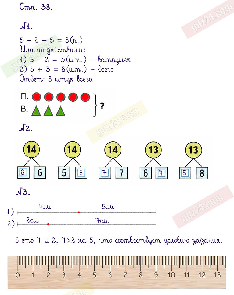Ответы к заданиям на 38 странице рабочей тетради по математике Моро, Волкова  за 1 класс 2 часть