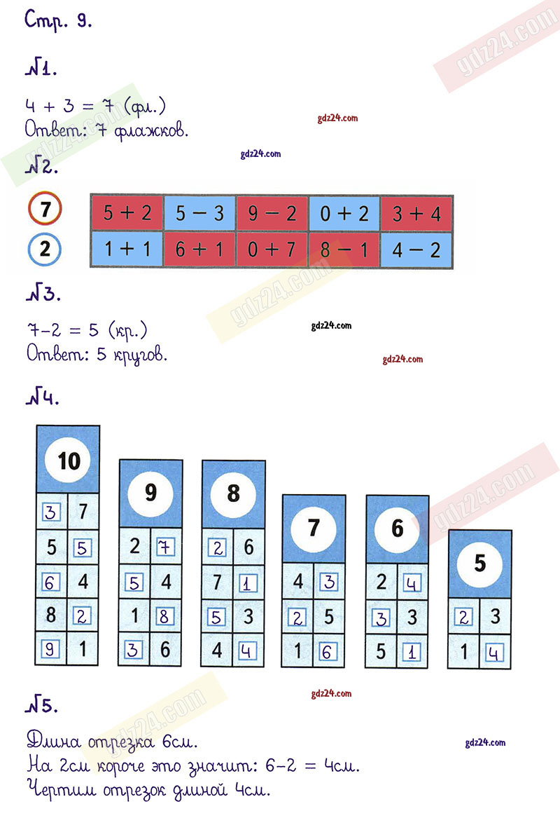 Ответы к заданиям на 9 странице рабочей тетради по математике Моро, Волкова  за 1 класс 2 часть
