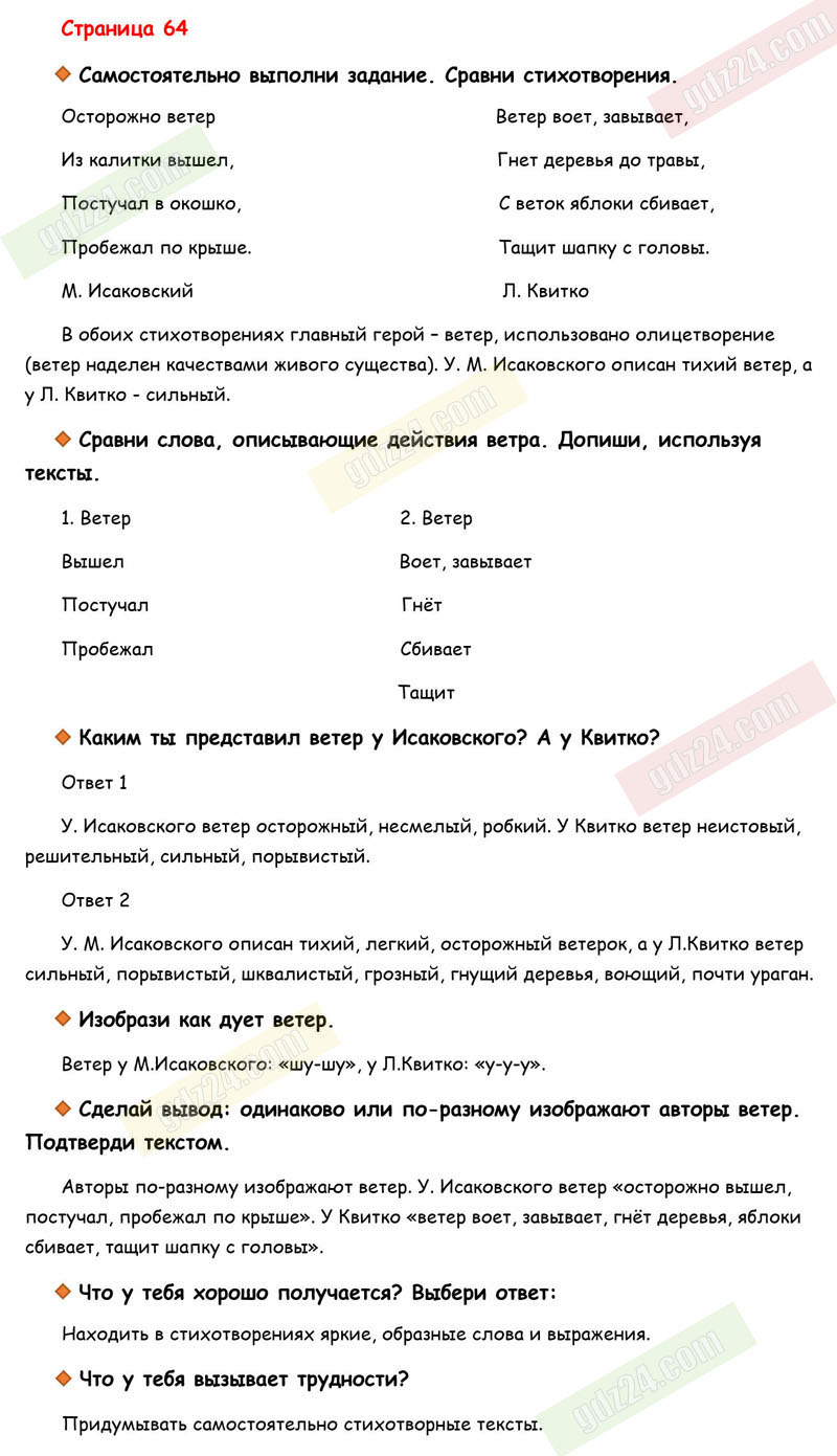 Ответы к вопросам и заданиям на 64 странице рабочей тетради по  литературному чтению Бойкина, Виноградская за 3 класс