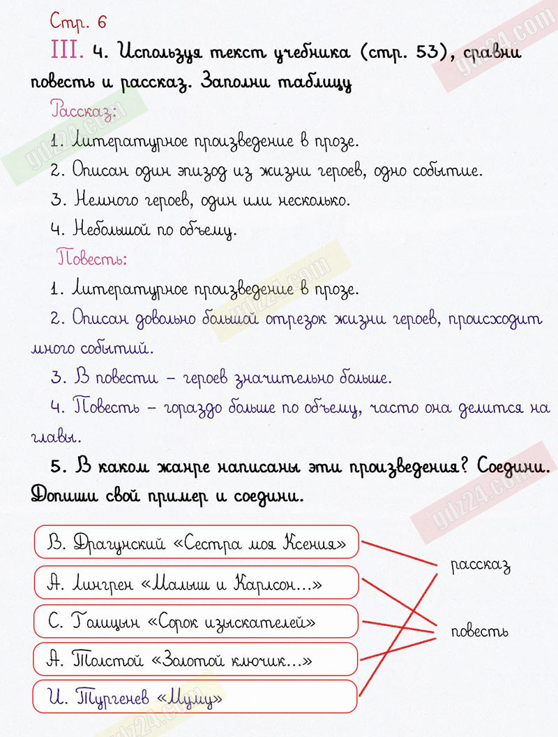 Ответы к вопросам и заданиям на 6 странице рабочей тетради по литературному  чтению Бунеев, Бунеева за 3 класс