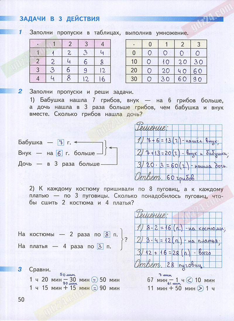 Ответы к заданиям на 50 странице рабочей тетради по математике Дорофеев,  Миракова, Бука за 3 класс 1 часть