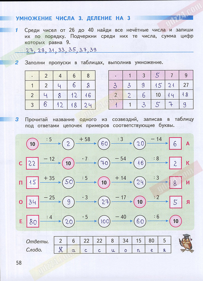 Ответы к заданиям на 58 странице рабочей тетради по математике Дорофеев,  Миракова, Бука за 3 класс 1 часть