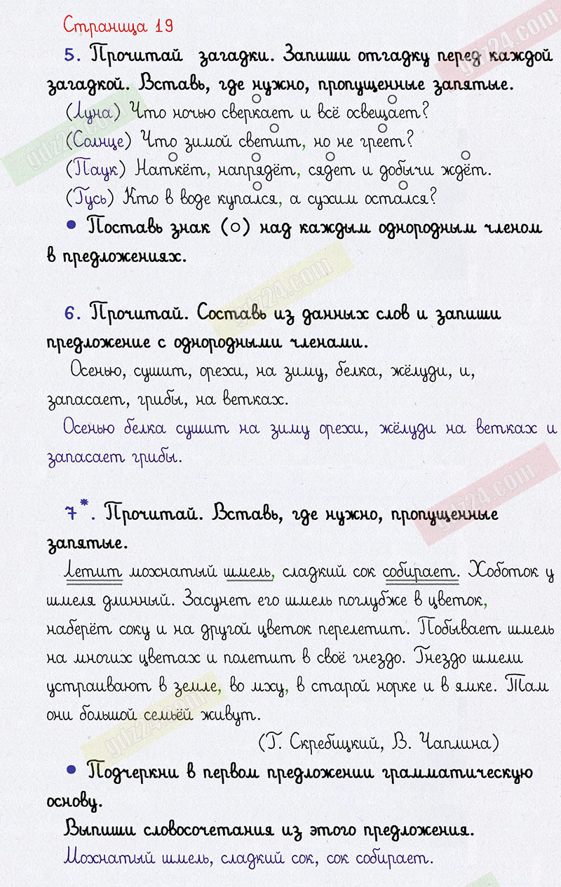 Ответы к упражнениям на 19 странице проверочных работ по русскому языку  Канакина за 4 класс